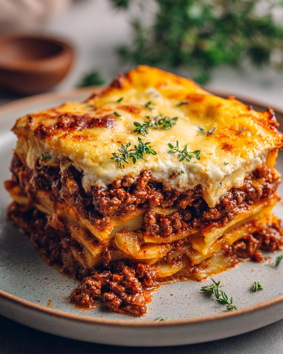 A delicious slice of Cheesy Beef and Potato Bake, showing layers of beef, potatoes, and melted cheese.