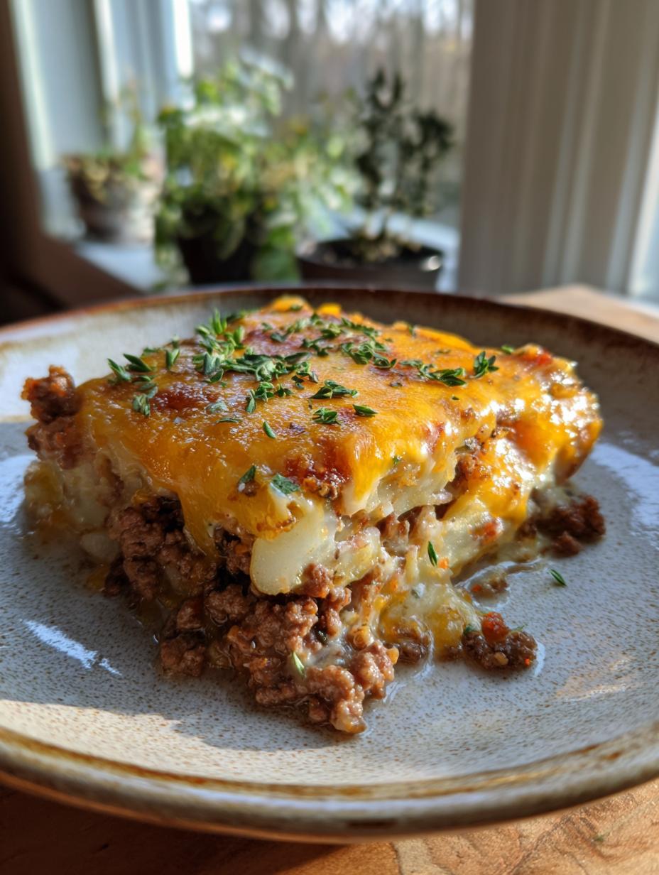 A hearty slice of Cheesy Beef and Potato Bake, featuring layers of ground beef and potatoes topped with melted cheese and herbs.