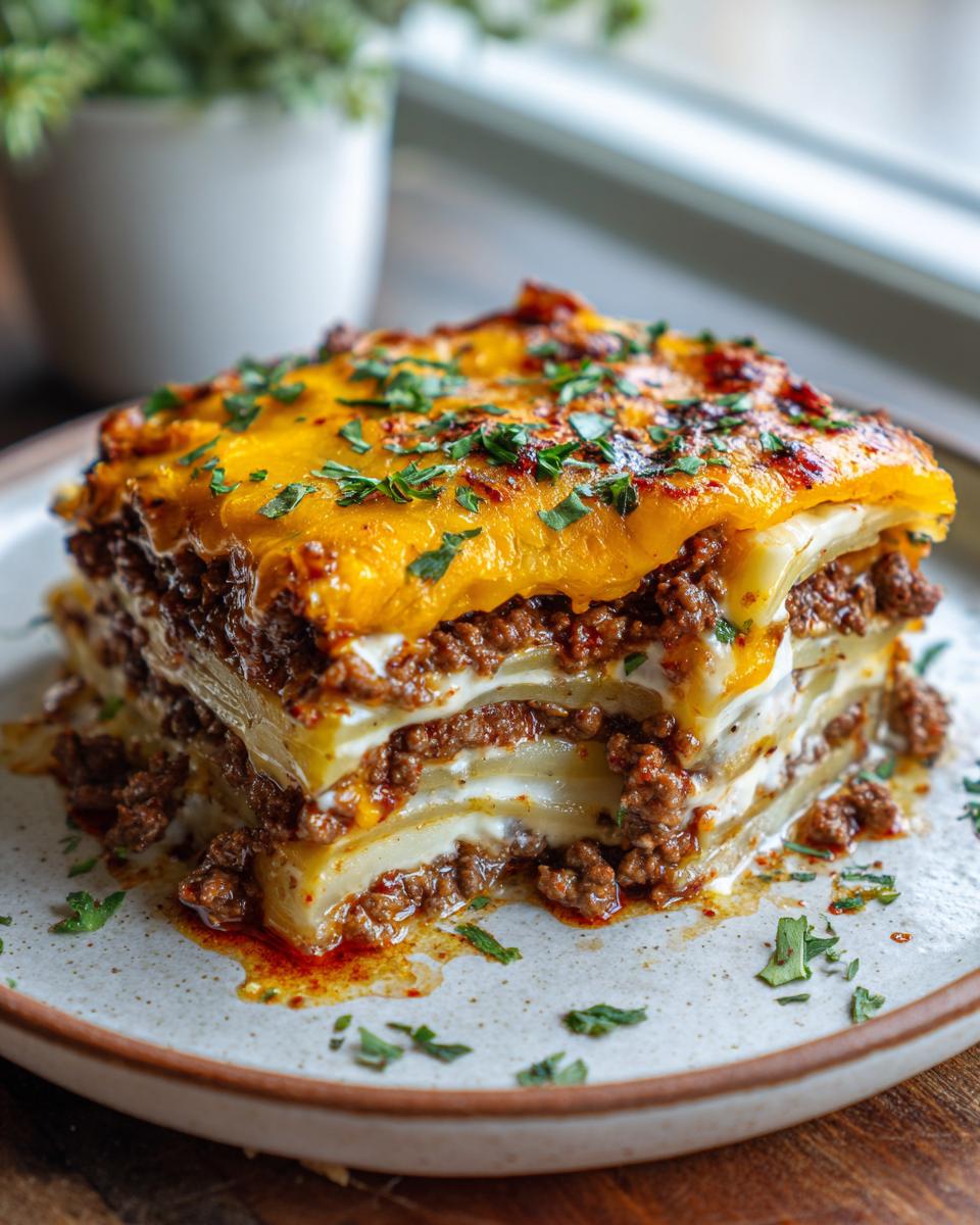 A delicious slice of Cheesy Beef and Potato Bake, layered with ground beef, creamy sauce, and potatoes, topped with melted cheese and parsley.