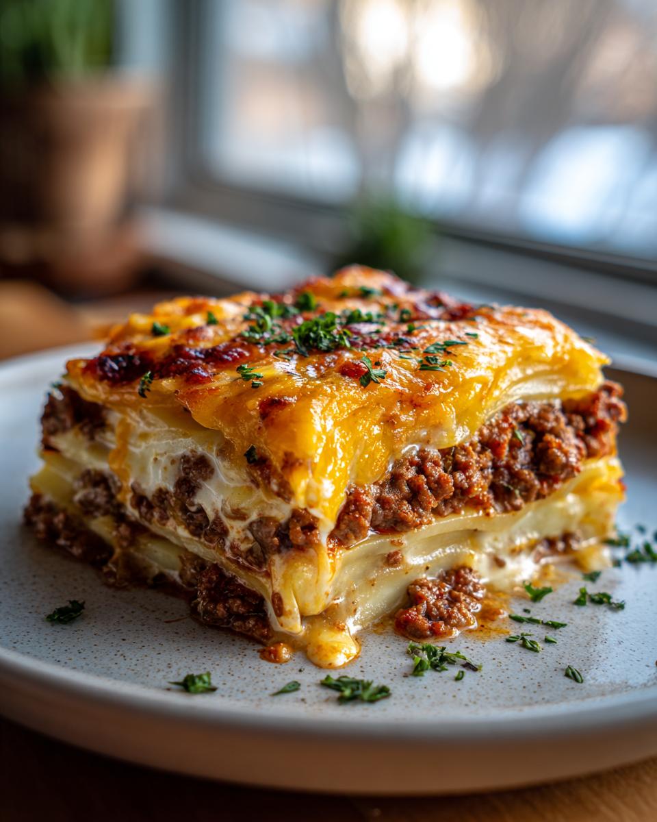 A delicious slice of Cheesy Beef and Potato Bake, layered with potatoes, seasoned ground beef, and melted cheese, garnished with parsley.