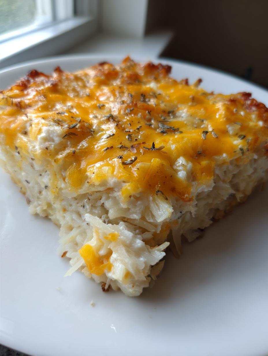 A close-up of a slice of Cheesy Hashbrown Breakfast Casserole on a white plate, topped with melted cheddar cheese and herbs.