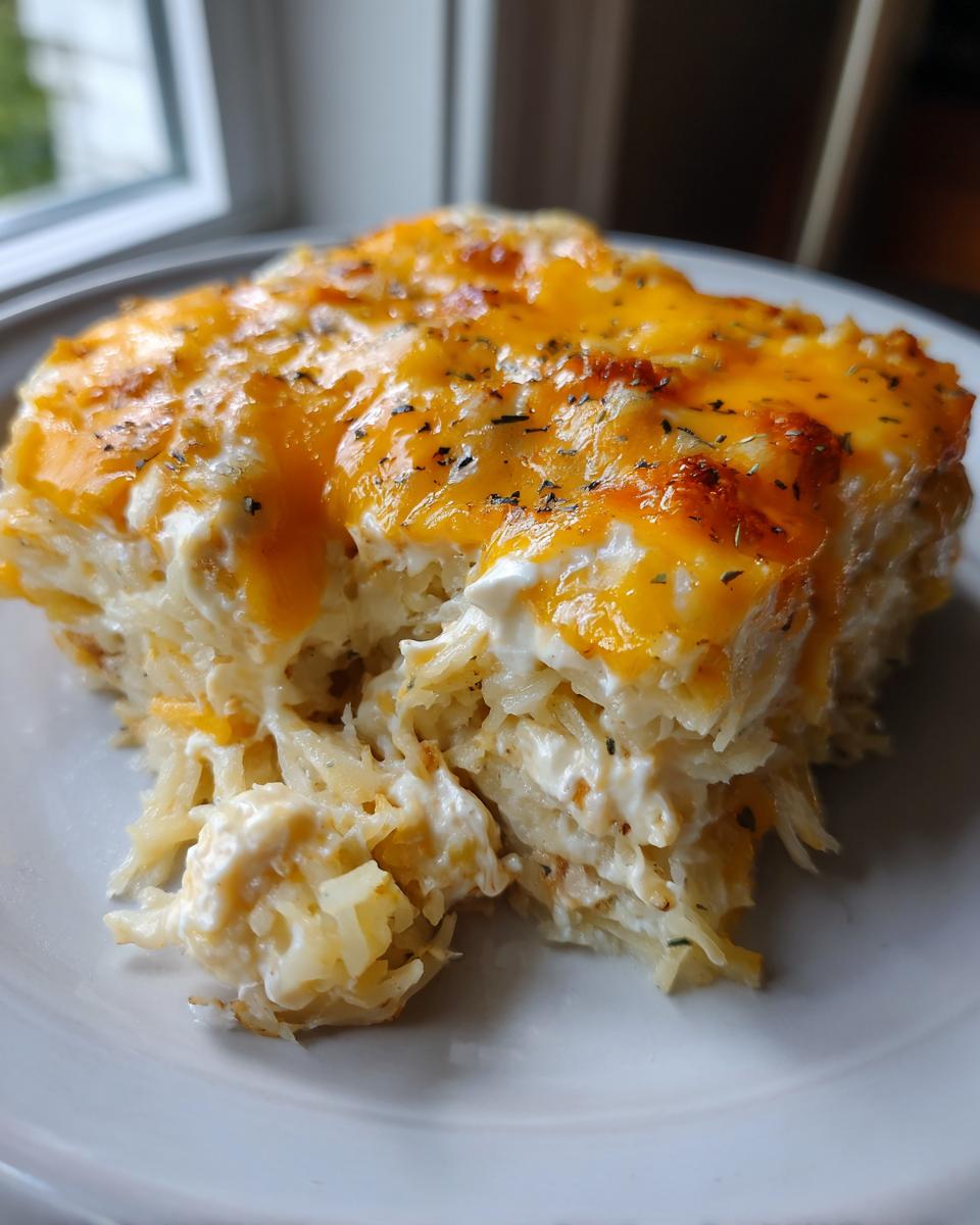 A delicious slice of Cheesy Hashbrown Breakfast Casserole with melted cheese and herbs on top.