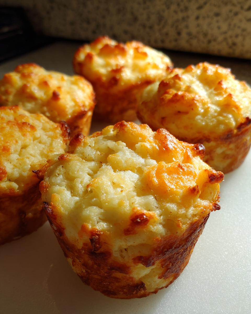 Amazing Cheesy Mashed Potato Muffins in 25 Mins 9 Close-up of golden brown Cheesy Mashed Potato Muffins with a crispy, cheesy topping.