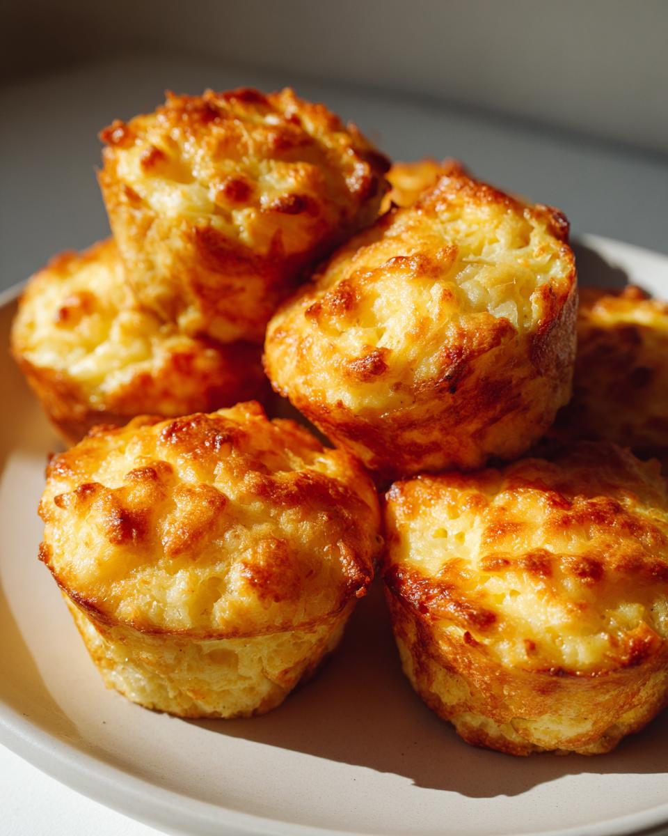 Amazing Cheesy Mashed Potato Muffins in 25 Mins 7 A stack of golden brown Cheesy Mashed Potato Muffins, baked to perfection with crispy edges.