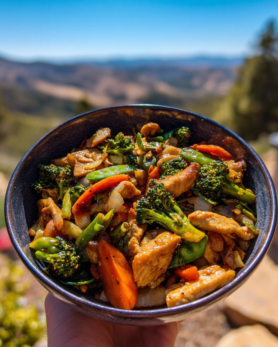 A close-up of a bowl filled with a vibrant Chicken and Veggie Stir Fry, featuring broccoli, carrots, snap peas, and chicken.