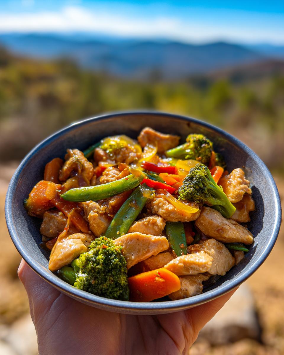A bowl of Chicken and Veggie Stir Fry Fast Recipe Easy Dinner with broccoli, carrots, and snap peas, held outdoors with a scenic mountain backdrop.