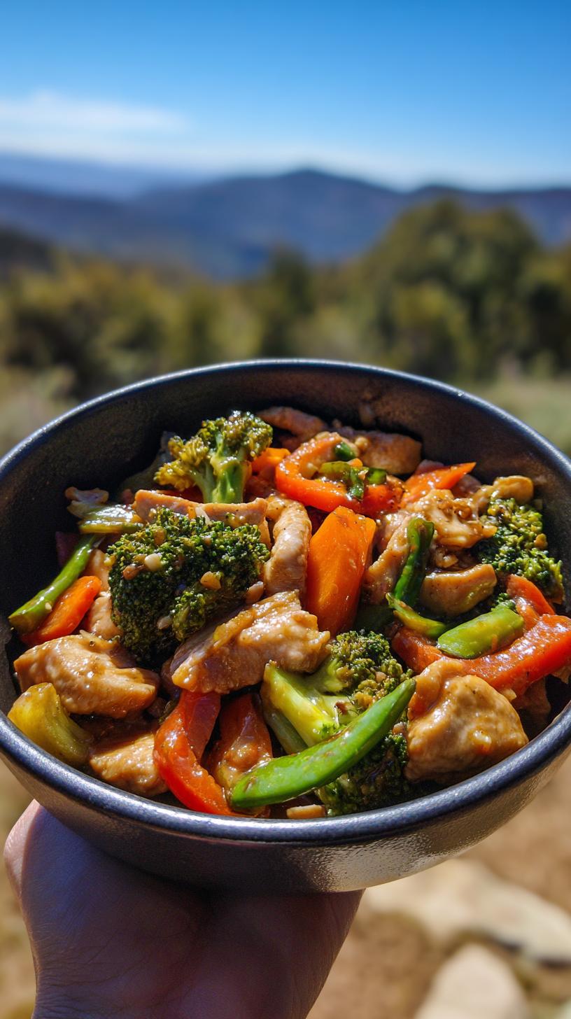 A bowl of Chicken and Veggie Stir Fry Fast Recipe Easy Dinner with broccoli, carrots, and peppers, held outdoors.