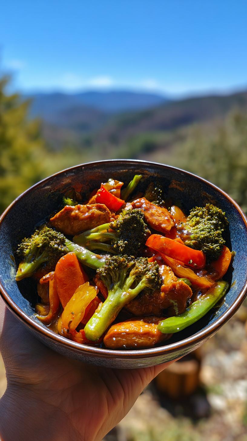 A bowl of delicious Chicken and Veggie Stir Fry, featuring tender chicken pieces, broccoli florets, bell peppers, and snap peas in a savory sauce.