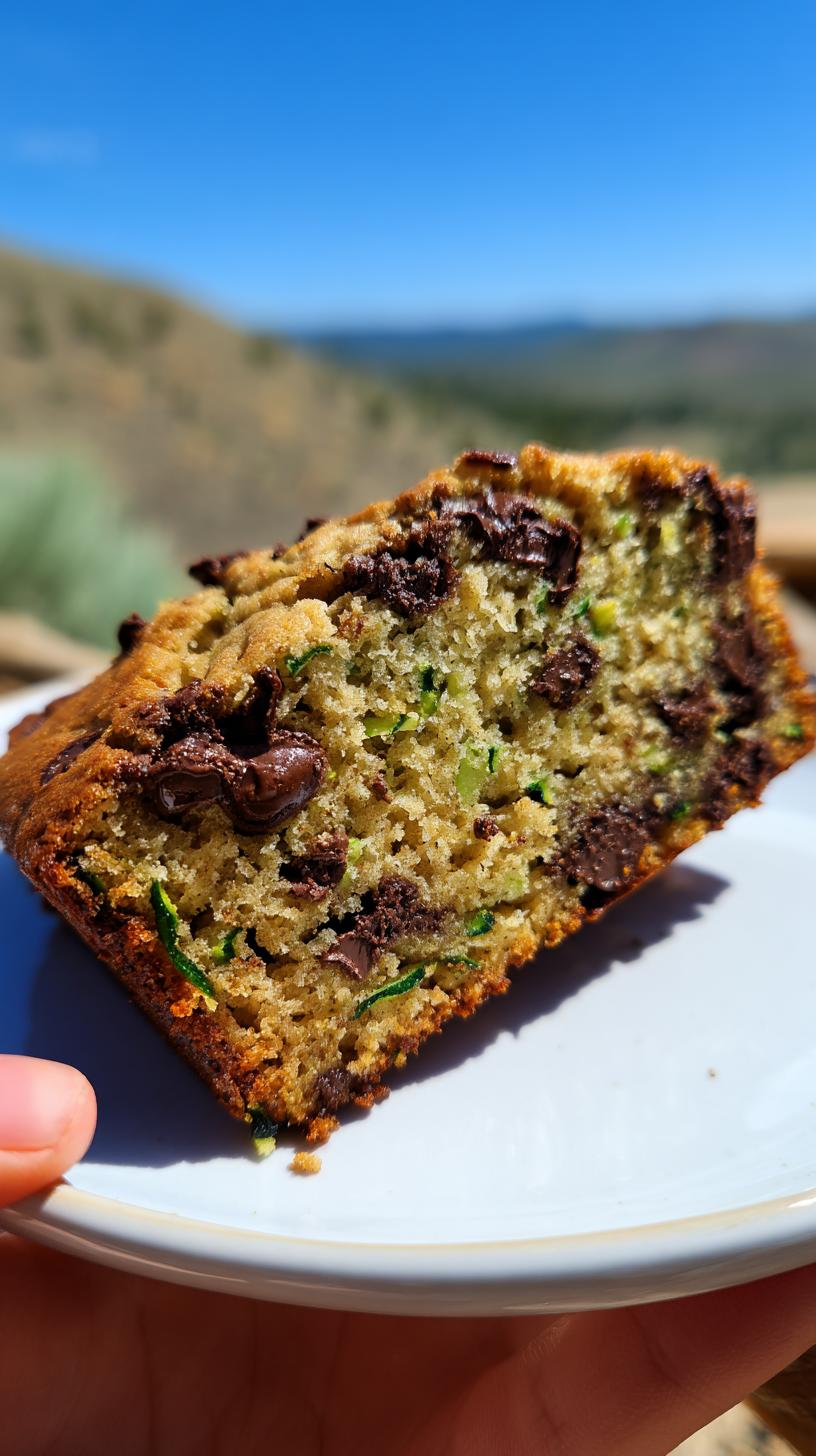 Close-up of a moist slice of chocolate chip zucchini bread, showcasing melted chocolate chips and shredded zucchini.