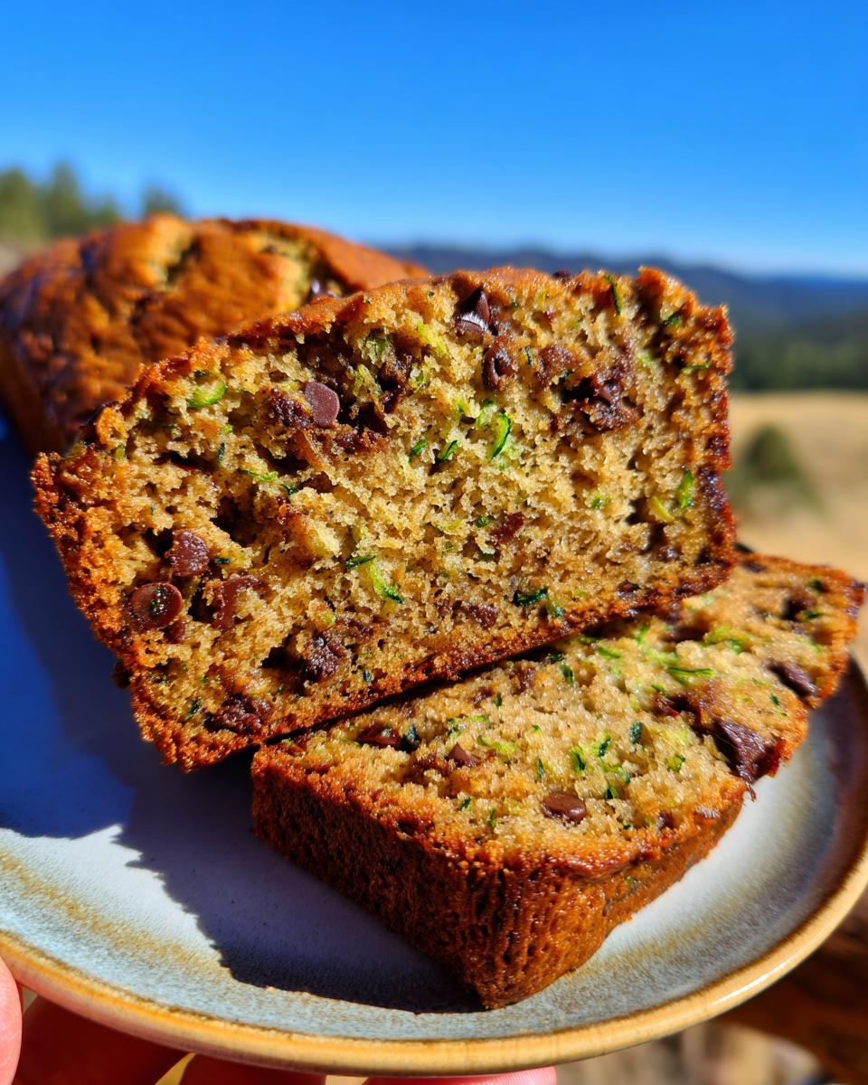 Close-up of a moist chocolate chip zucchini bread slice, showing shredded zucchini and melted chocolate chips.