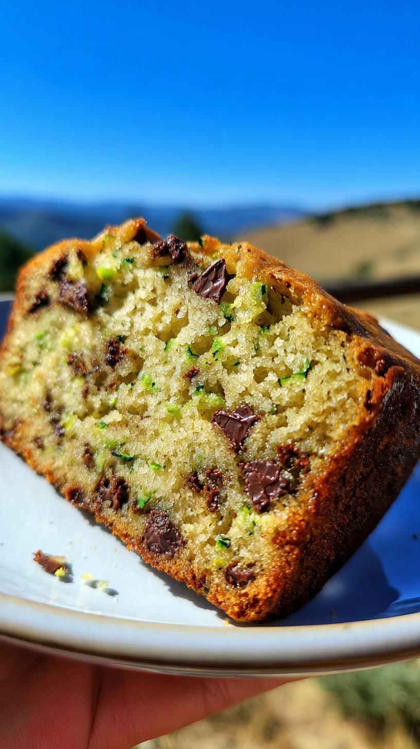 A close-up of a moist slice of chocolate chip zucchini bread, showing visible zucchini shreds and melted chocolate chips.