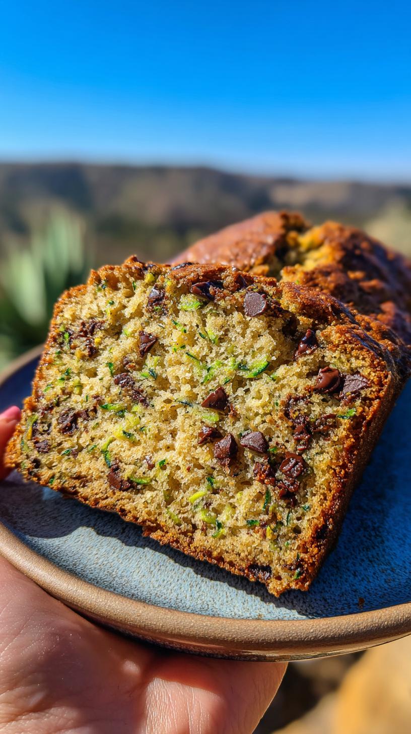 A close-up of a slice of moist chocolate chip zucchini bread, showing visible zucchini shreds and melted chocolate chips.