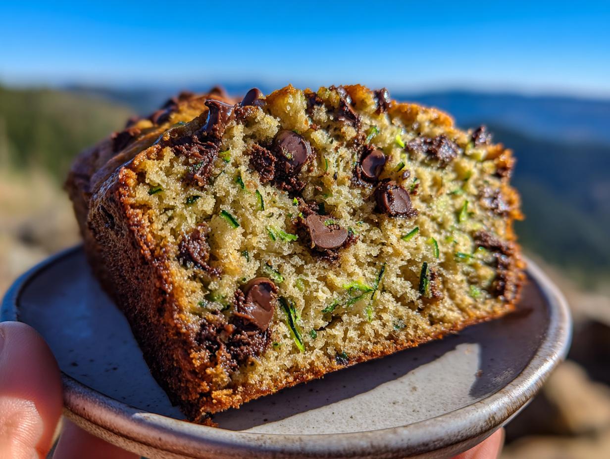 A close-up of a moist slice of chocolate chip zucchini bread on a plate, with a mountain landscape in the background.