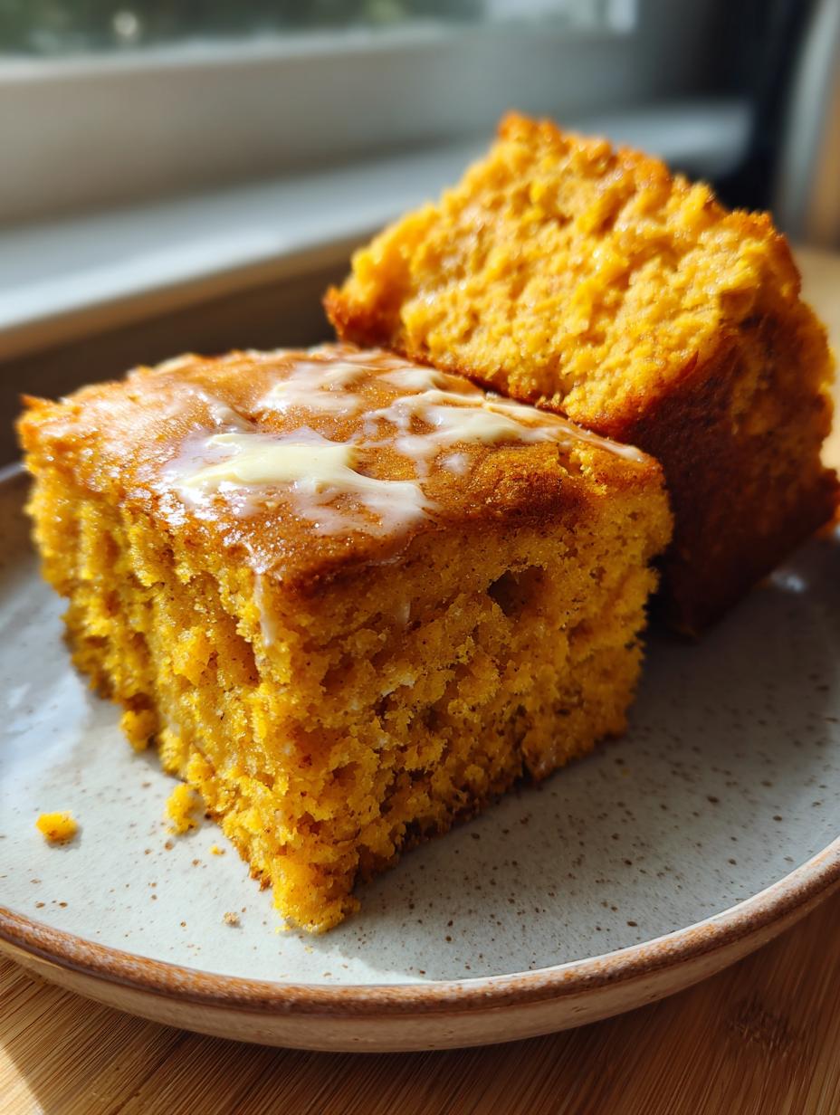 Two slices of moist Cinnamon Honey Butter Sweet Potato Cornbread on a plate, one topped with melted butter.