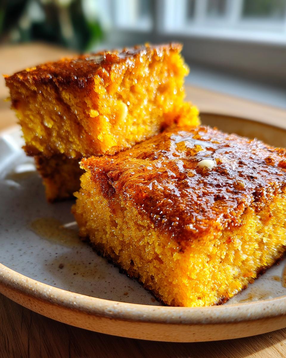 Close-up of two slices of moist Cinnamon Honey Butter Sweet Potato Cornbread, glistening with honey butter.