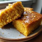 Close-up of two slices of moist Cinnamon Honey Butter Sweet Potato Cornbread drizzled with honey.