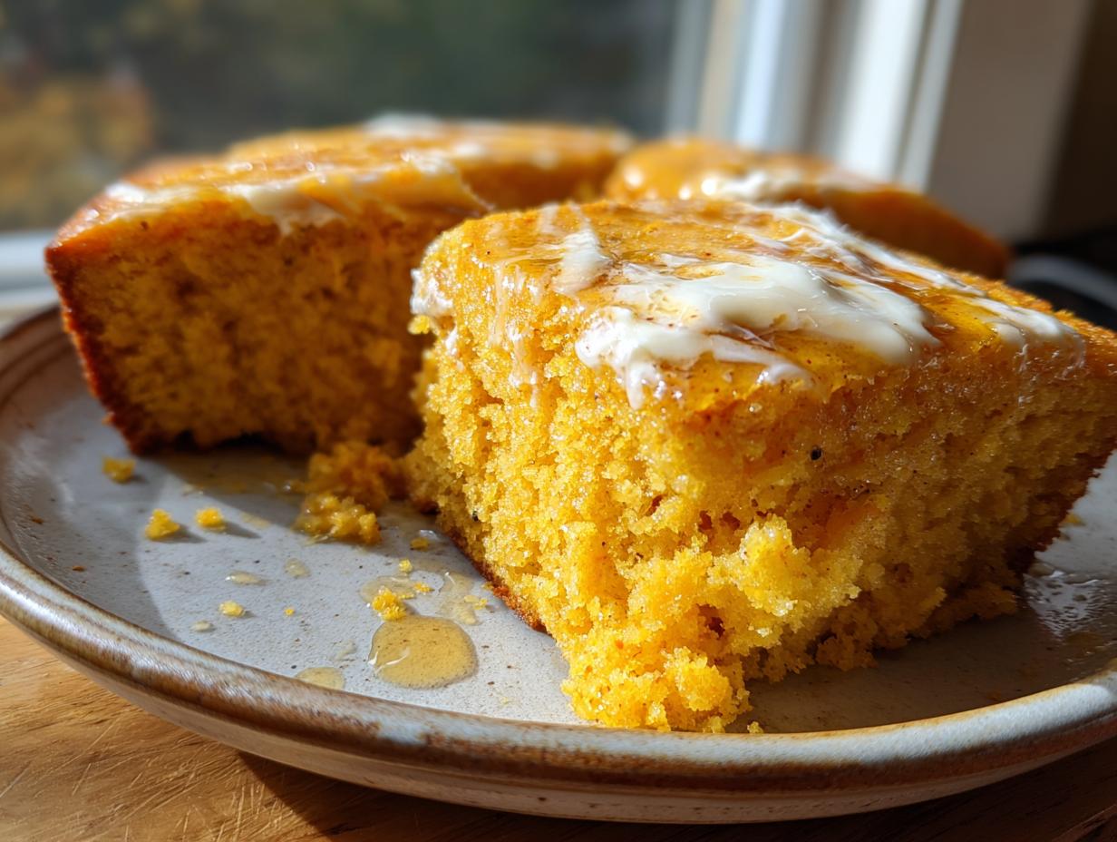 A slice of moist Cinnamon Honey Butter Sweet Potato Cornbread topped with melting butter and drizzled with honey.