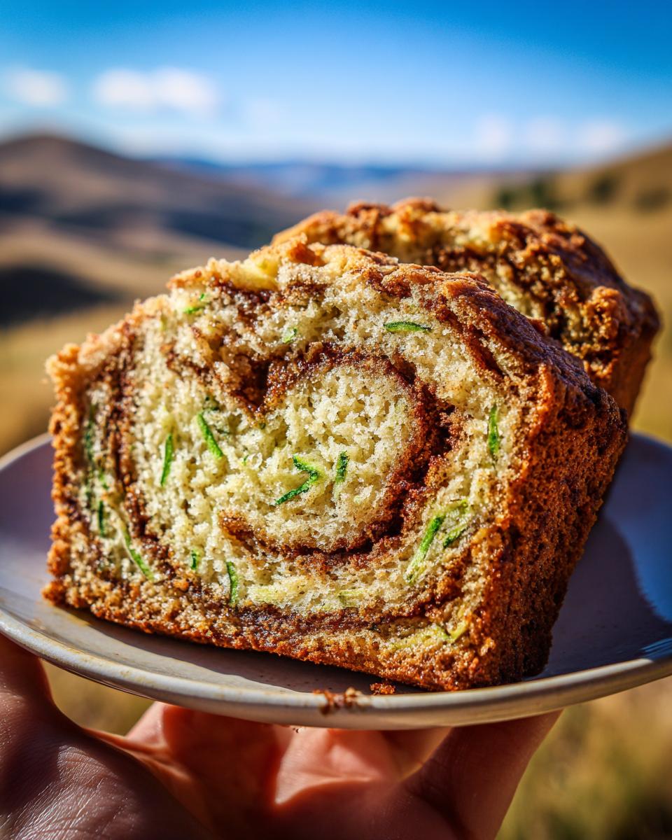 Close-up of a slice of cinnamon swirl zucchini bread with visible zucchini shreds and a swirled cinnamon filling.