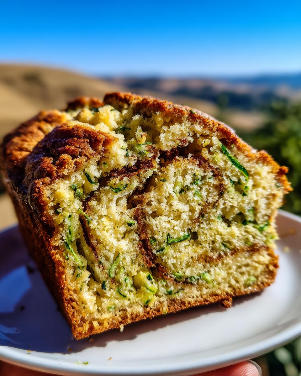 Close-up of a slice of cinnamon swirl zucchini bread on a white plate, showcasing the moist crumb and visible zucchini shreds.