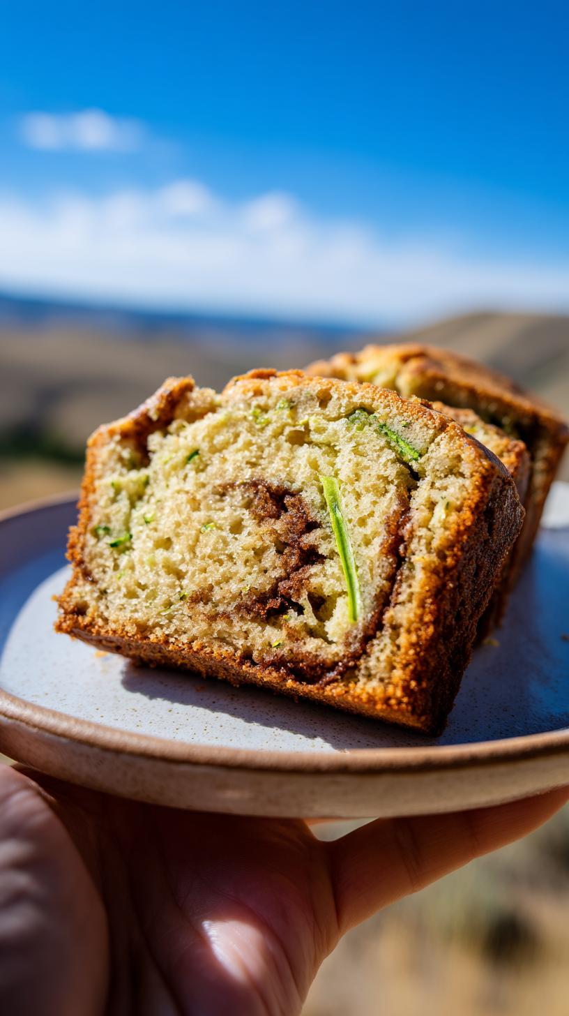 Close-up of a slice of cinnamon swirl zucchini bread on a plate, showing the moist crumb and cinnamon filling.