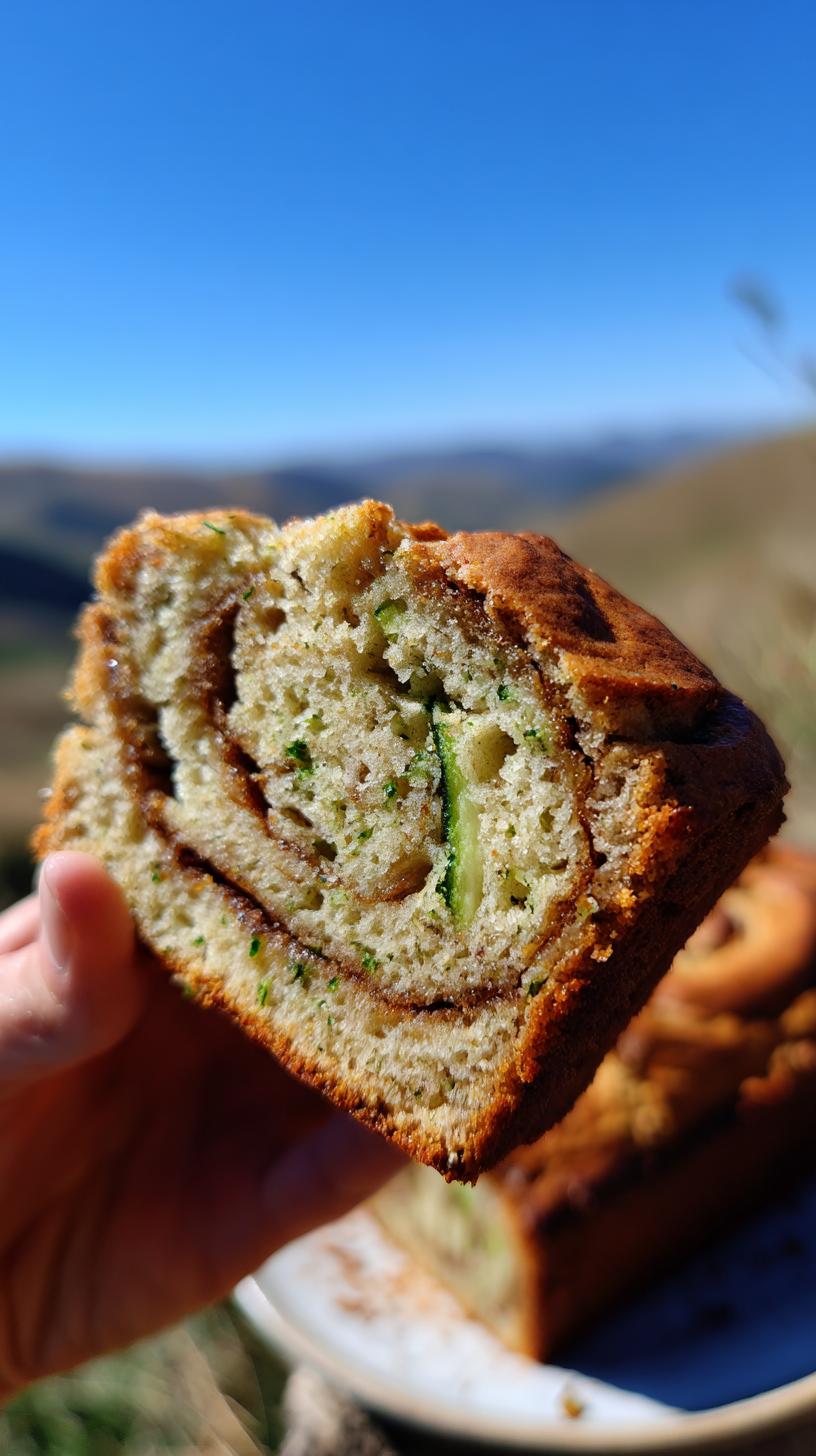 A hand holds a slice of moist cinnamon swirl zucchini bread, revealing green zucchini shreds and a rich cinnamon swirl.