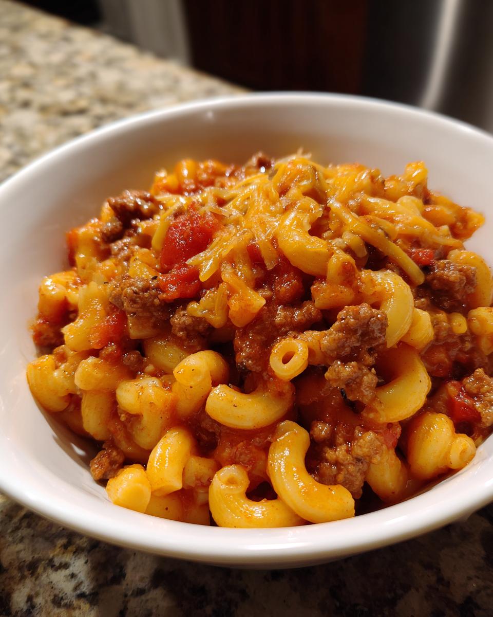 A close-up of a bowl of Classic American Goulash with Macaroni, featuring elbow macaroni, ground beef, and tomato sauce topped with melted cheese.