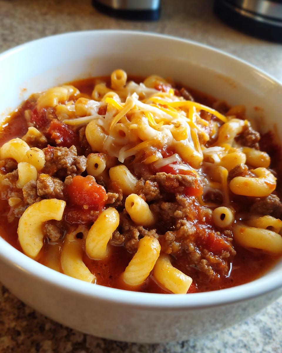 A close-up of a bowl of Classic American Goulash with Macaroni, topped with melted shredded cheese.