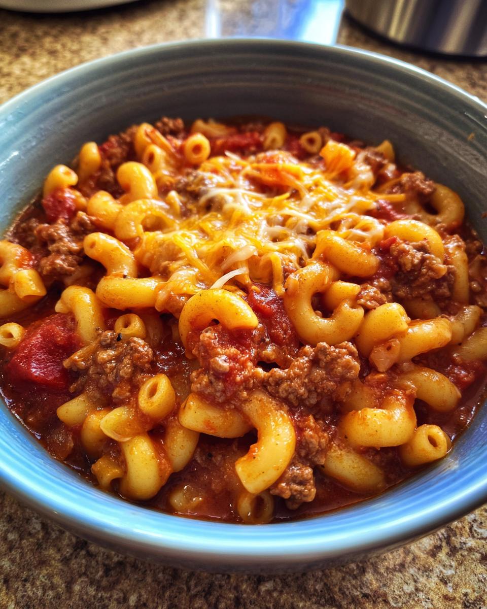 A close-up of a bowl of Classic American Goulash with Macaroni, topped with melted shredded cheese.