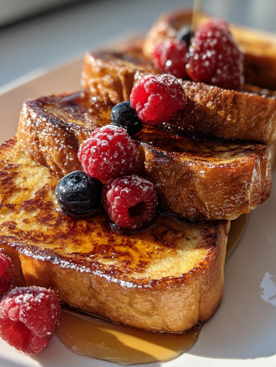 A stack of golden brown Classic Easy French Toast slices topped with fresh raspberries, blueberries, and a dusting of powdered sugar, drizzled with syrup.