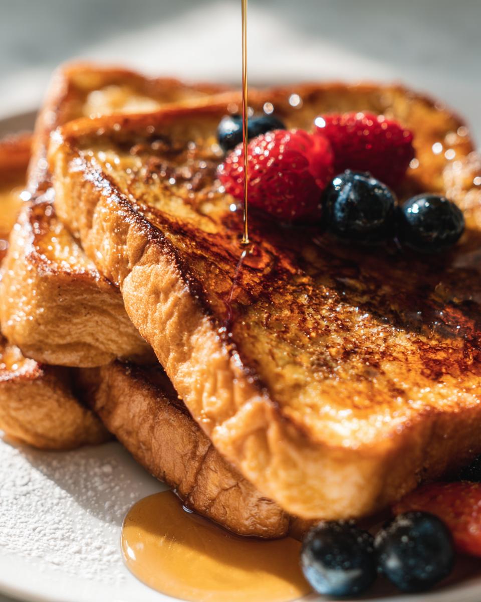 A stack of golden-brown Classic Easy French Toast drizzled with syrup and topped with fresh blueberries and raspberries.