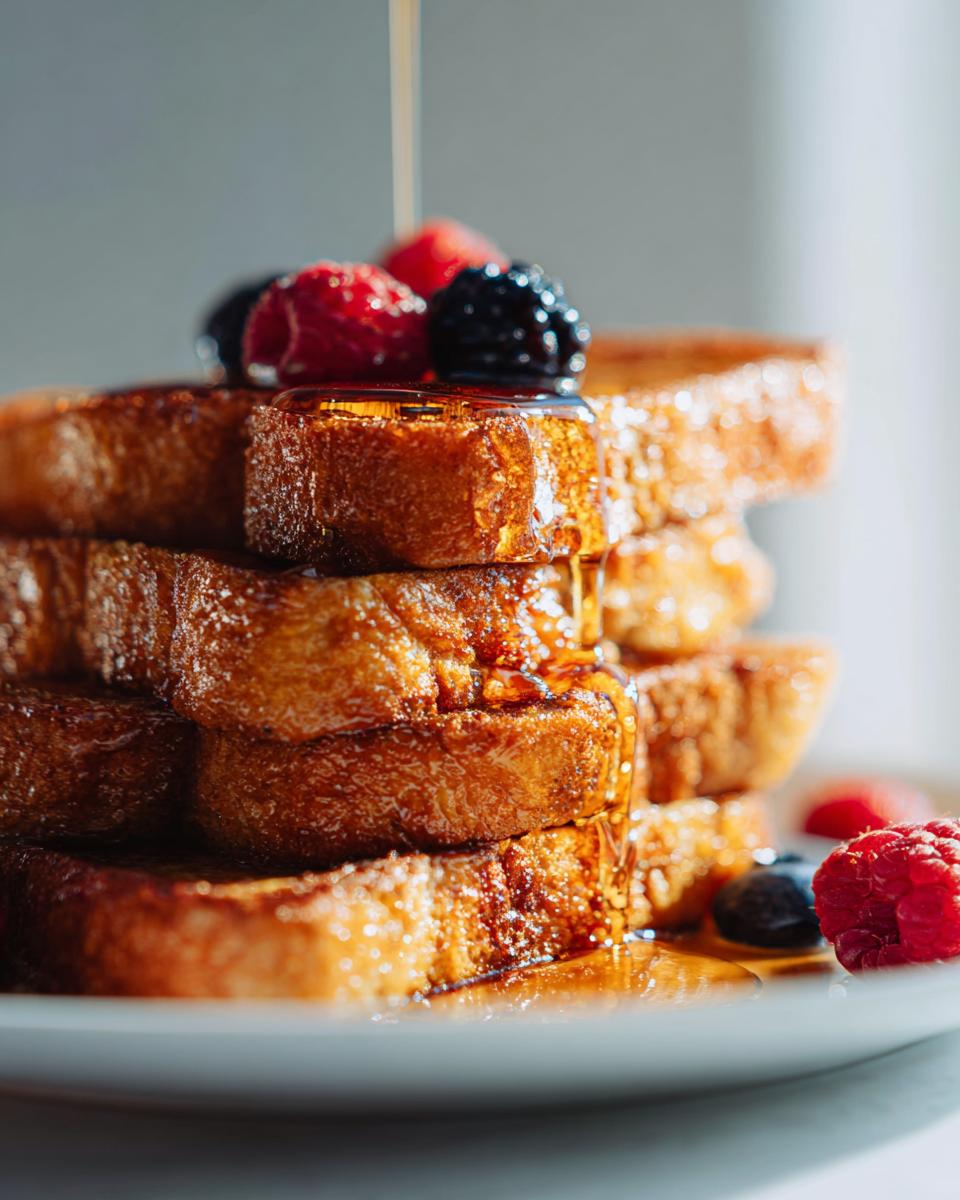 A tall stack of golden brown Classic Easy French Toast drizzled with syrup and topped with fresh raspberries and blackberries.