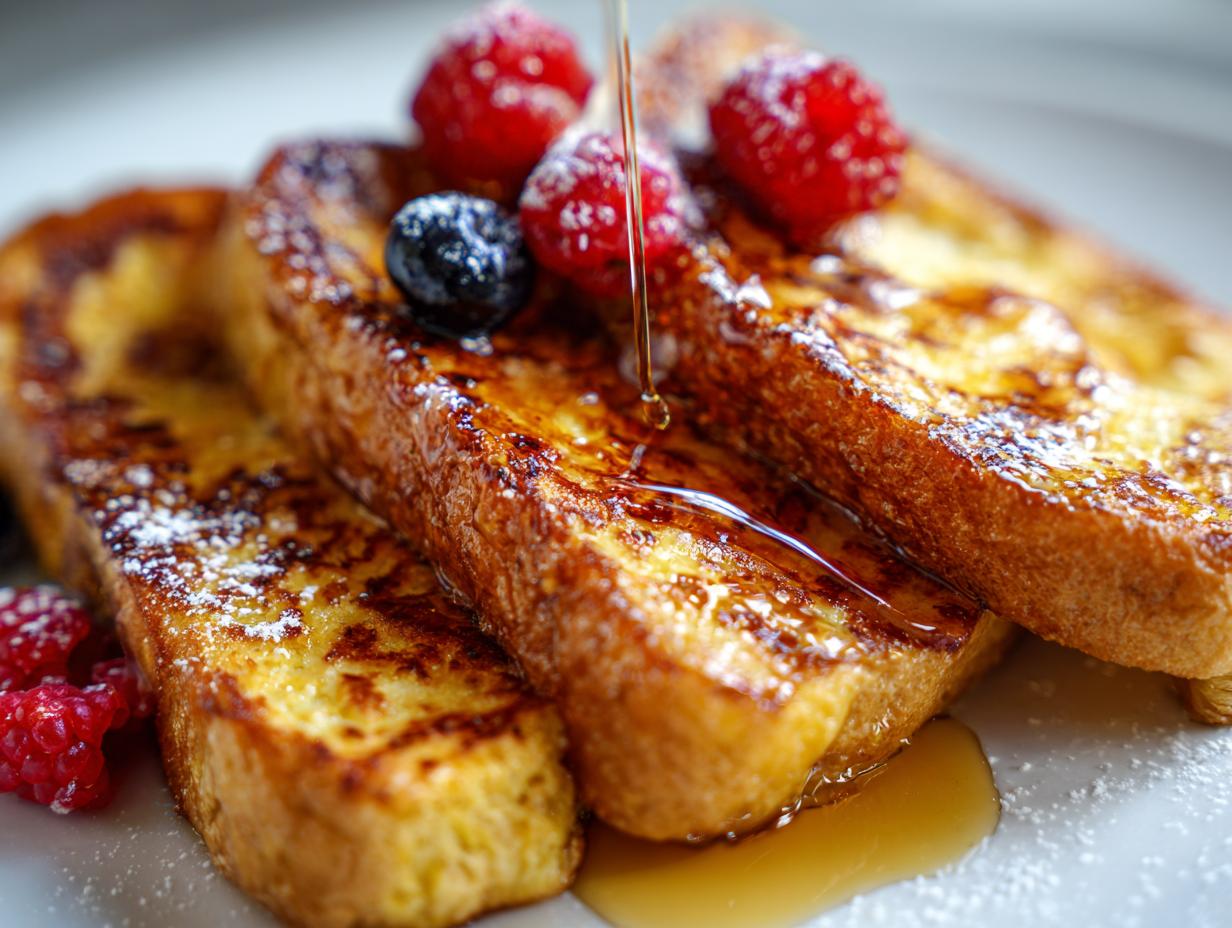 Close-up of Classic Easy French Toast slices topped with fresh raspberries, blueberries, powdered sugar, and drizzled with syrup.