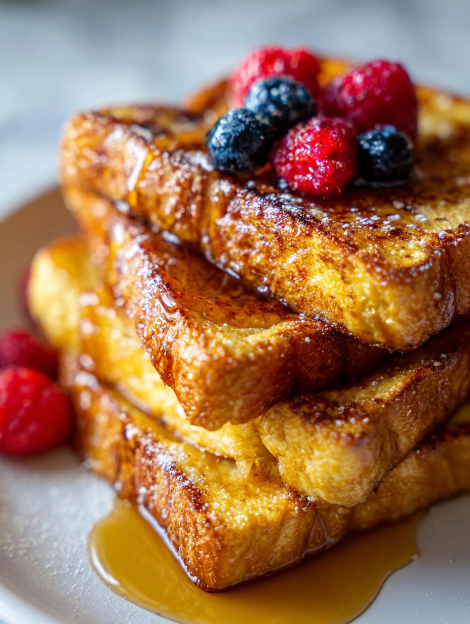 A stack of golden brown Classic Easy French Toast topped with fresh raspberries and blueberries, drizzled with syrup.