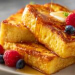 Close-up of golden brown Classic Easy French Toast slices stacked, drizzled with syrup, and topped with fresh berries.