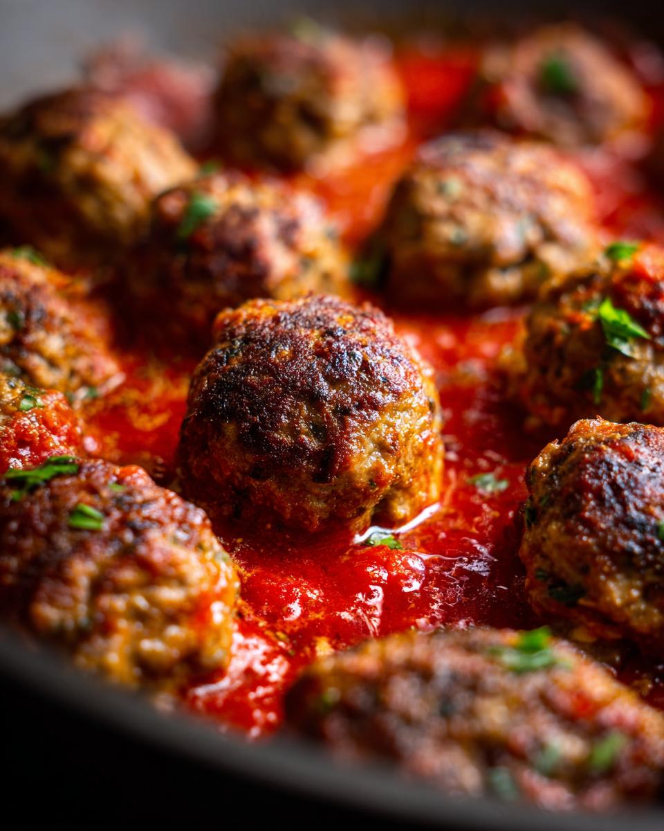 Close-up of Classic Italian Meatballs simmering in a rich, red tomato sauce, garnished with fresh herbs.