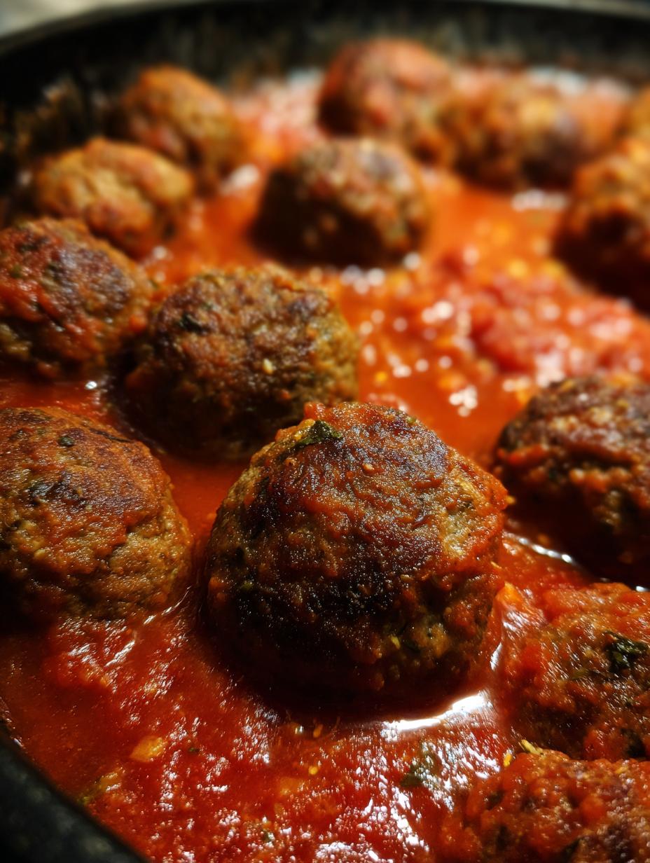 Close-up of Classic Italian Meatballs simmering in a rich tomato sauce.
