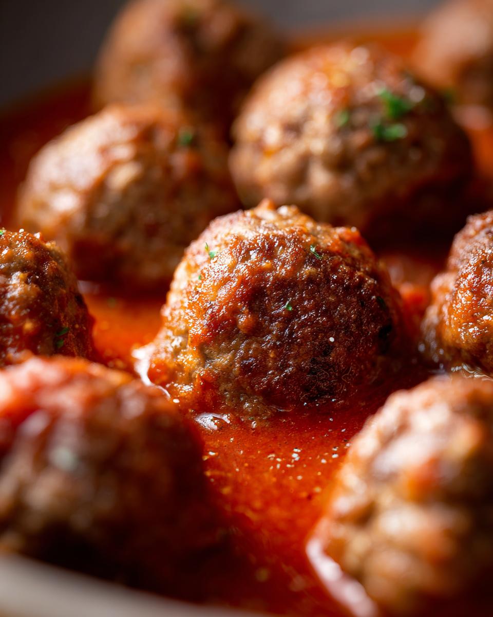 Close-up of juicy Classic Italian Meatballs simmering in a vibrant tomato sauce, garnished with fresh herbs.