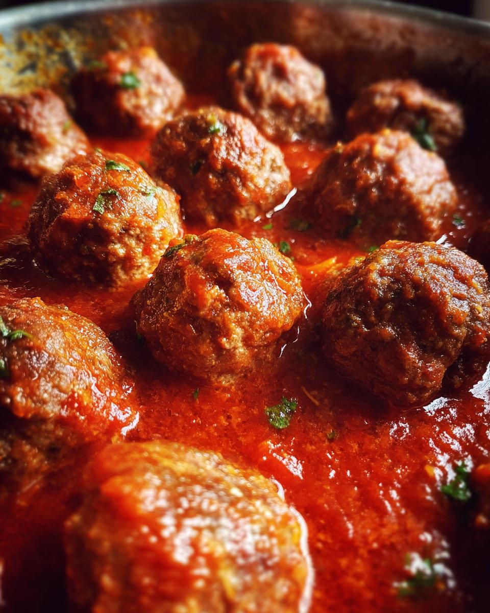 Close-up of Classic Italian Meatballs simmering in a rich tomato sauce, garnished with parsley.