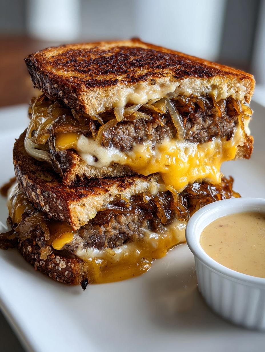 Classic Patty Melts: 1 Amazing Recipe! 6 A stack of two Classic Patty Melts, oozing with melted cheese and caramelized onions, served with a side of creamy burger sauce.