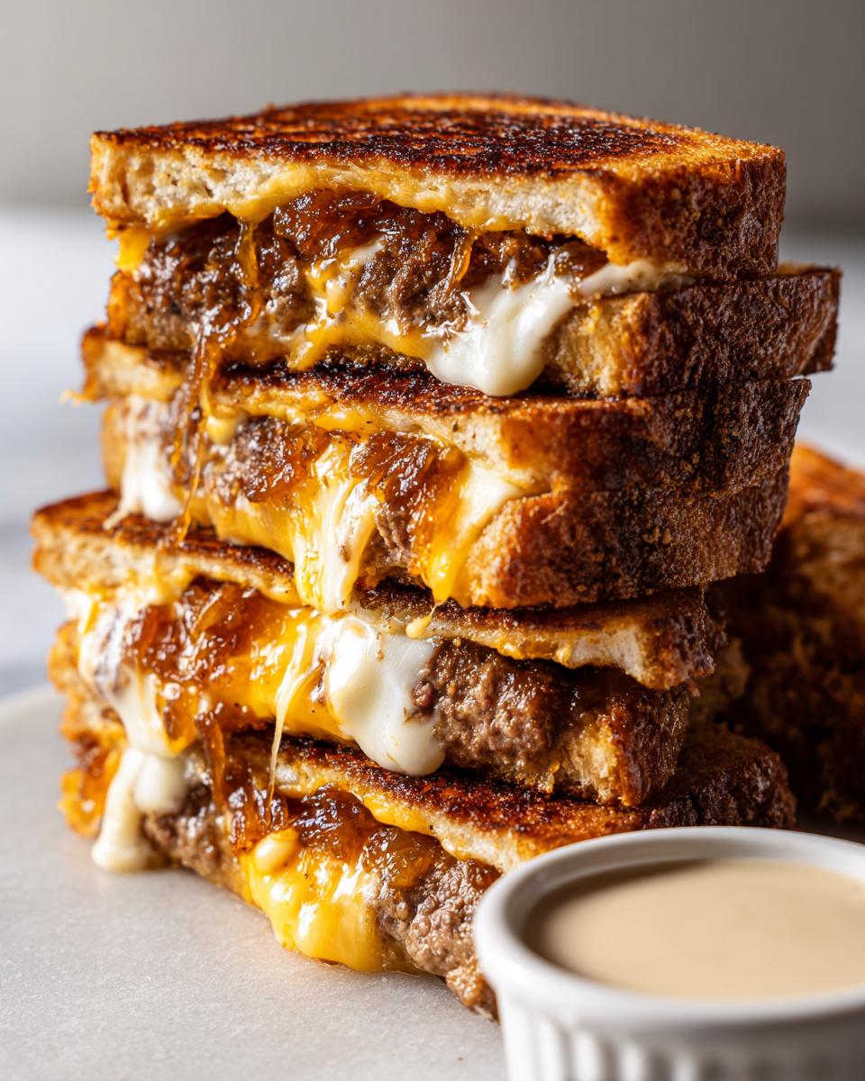 Classic Patty Melts: 1 Amazing Recipe! 7 Stack of Classic Patty Melts with melted cheese, caramelized onions, and juicy beef patties.