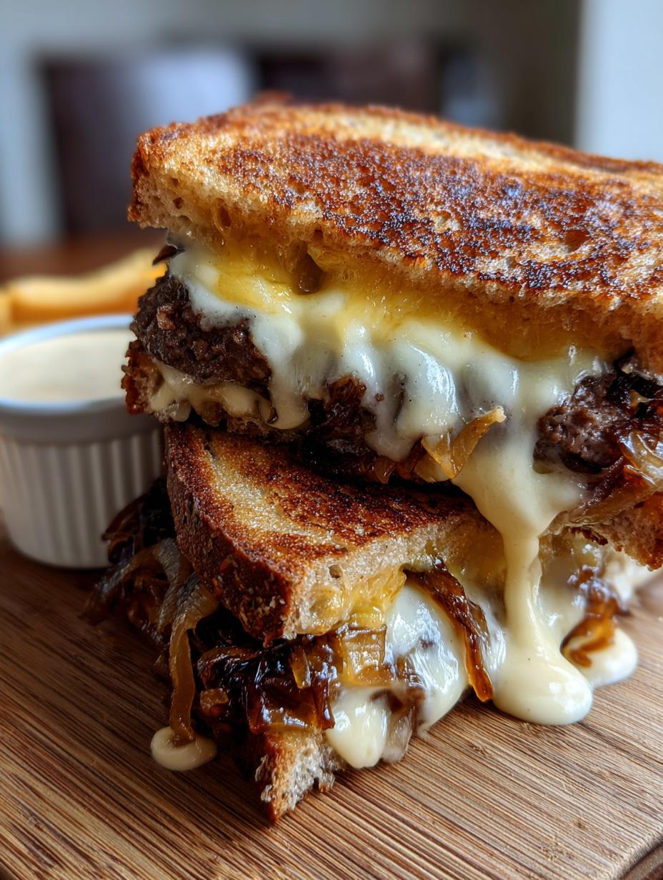 Classic Patty Melts: 1 Amazing Recipe! 9 Close-up of two Classic Patty Melts stacked, with melted cheese oozing out, caramelized onions, and a side of creamy burger sauce.