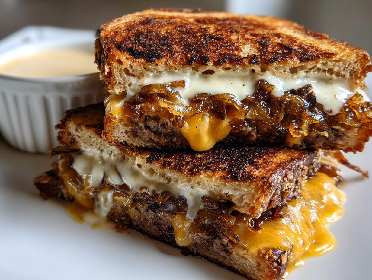 Two stacked Classic Patty Melts with gooey melted cheese, caramelized onions, and toasted bread, served with a side of sauce.