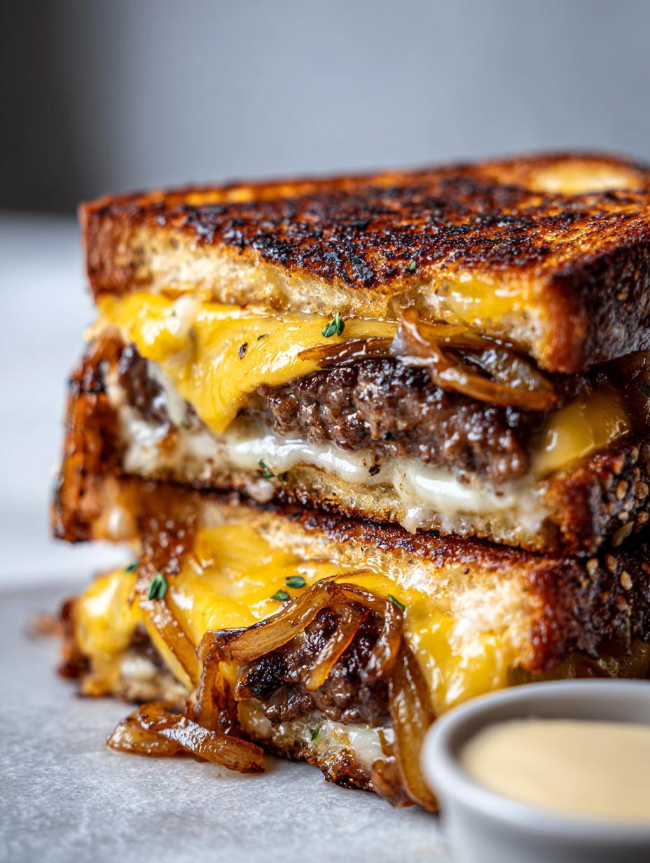 Classic Patty Melts: 1 Amazing Recipe! 8 Close-up of two Classic Patty Melts stacked, featuring toasted bread, melted cheese, juicy beef patties, and caramelized onions.