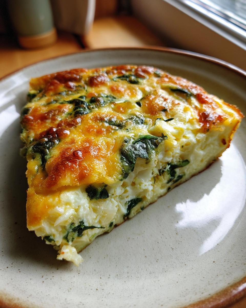 A delicious slice of Cottage Cheese Spinach Crustless Quiche with a golden-brown cheesy top and visible spinach.
