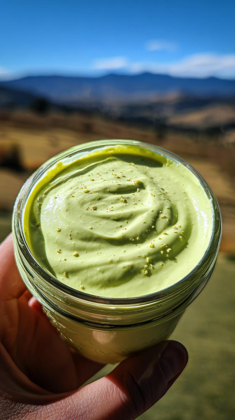 A hand holds a glass jar filled with vibrant, creamy avocado dressing, sprinkled with green specks.