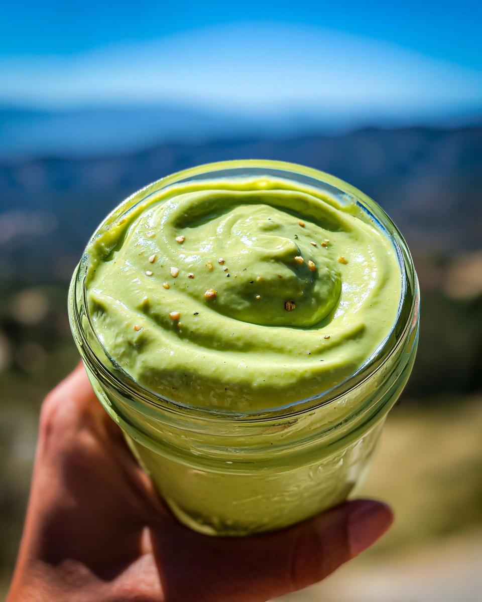 A hand holds a jar filled with vibrant, creamy avocado dressing, topped with a swirl and a sprinkle of seasoning.