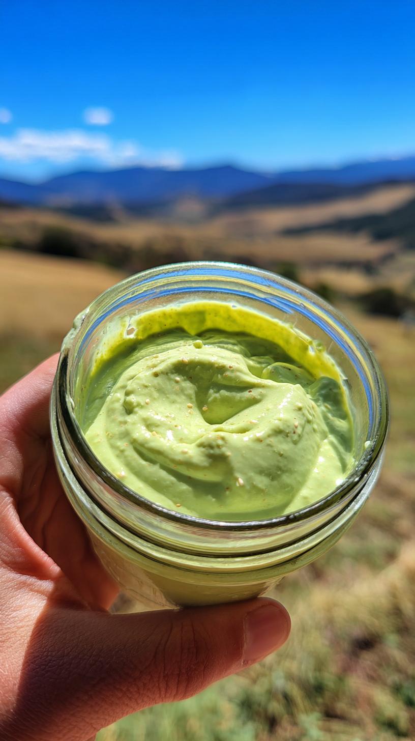 A hand holds a jar filled with vibrant, creamy avocado dressing, with a blurred mountainous landscape in the background.