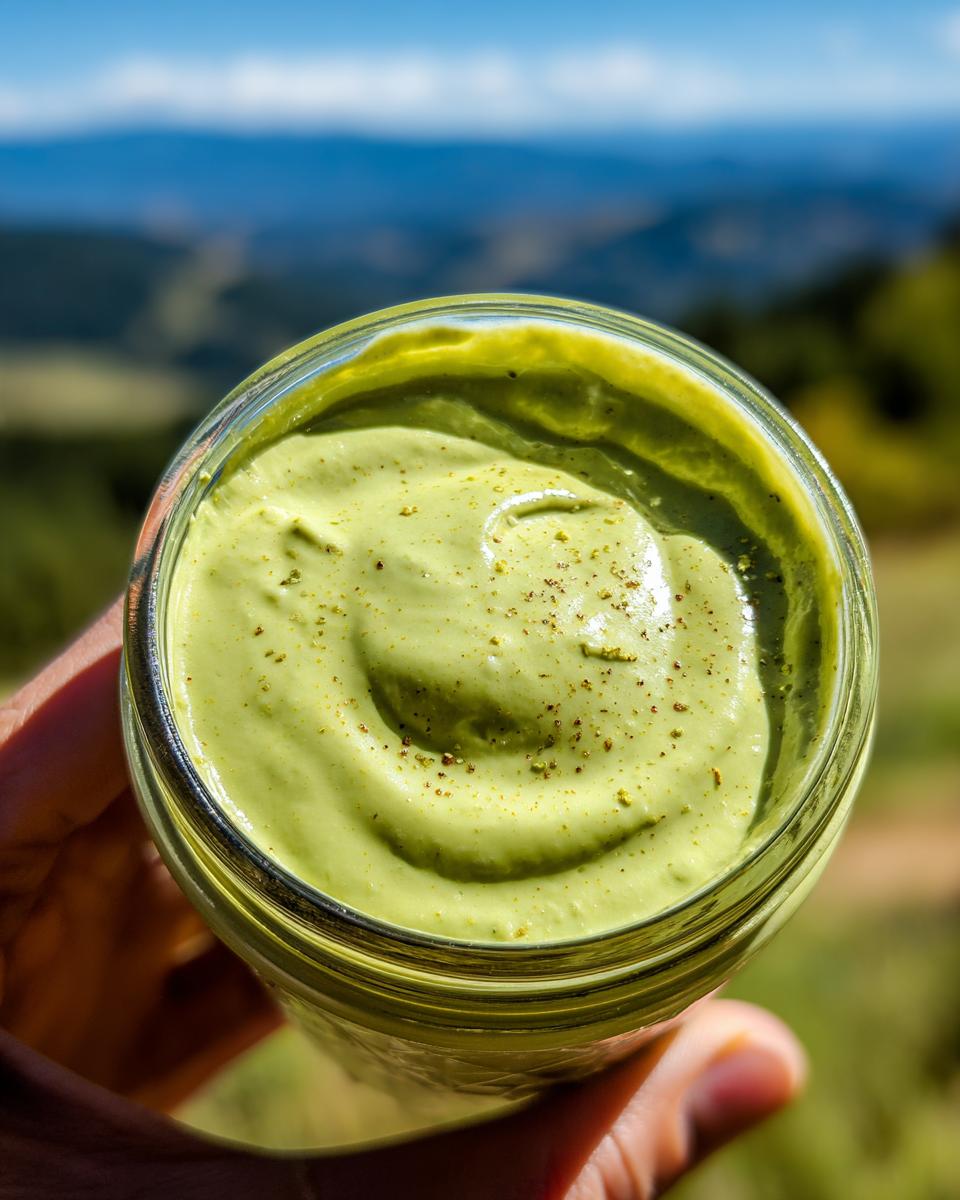 A hand holds a jar filled with vibrant, creamy avocado dressing, sprinkled with spices, with a blurred natural background.