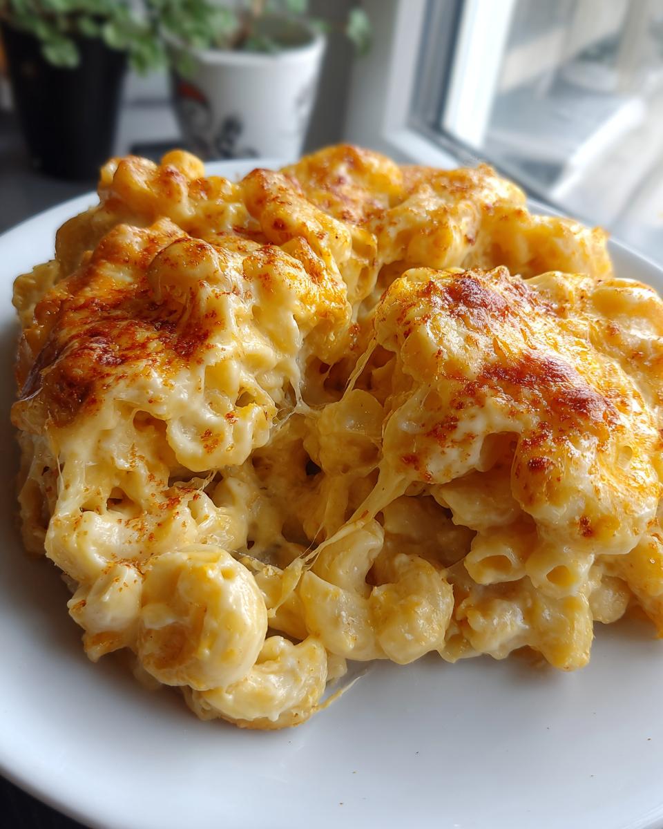 Close-up of a serving of Creamy Baked Three Cheese Mac and Cheese, with melted cheese pulling away.