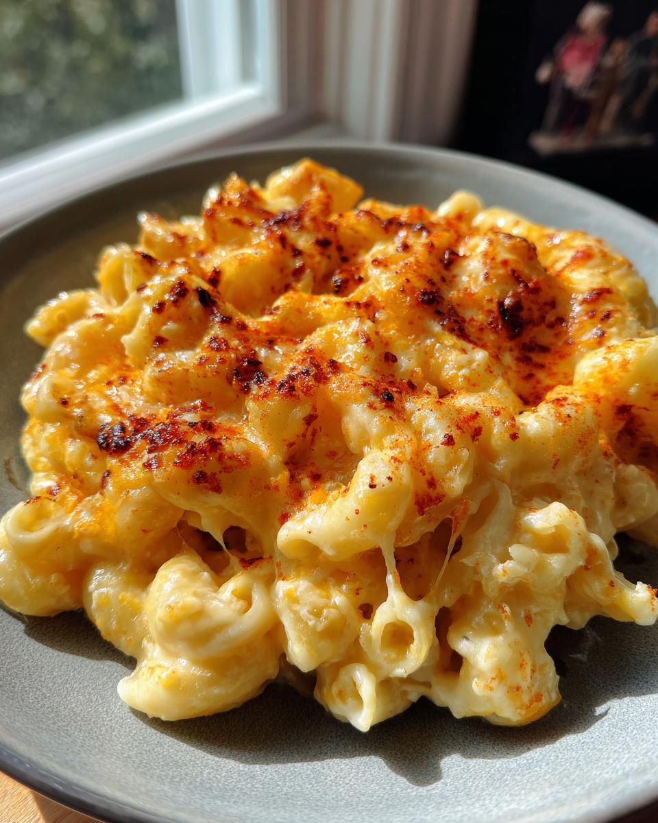 Close-up of a serving of Creamy Baked Three Cheese Mac and Cheese, with melted cheese and a sprinkle of paprika.